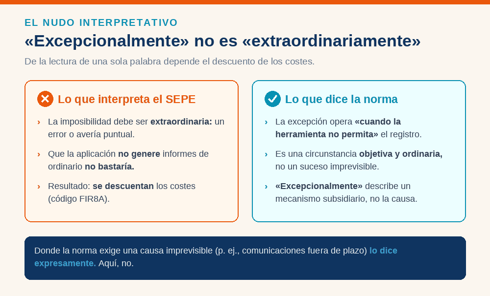 Comparativa entre la interpretación del SEPE (la imposibilidad debe ser extraordinaria, un error de plataforma) y la interpretación literal de la norma (basta con que la herramienta utilizada no permita el registro, una circunstancia ordinaria)