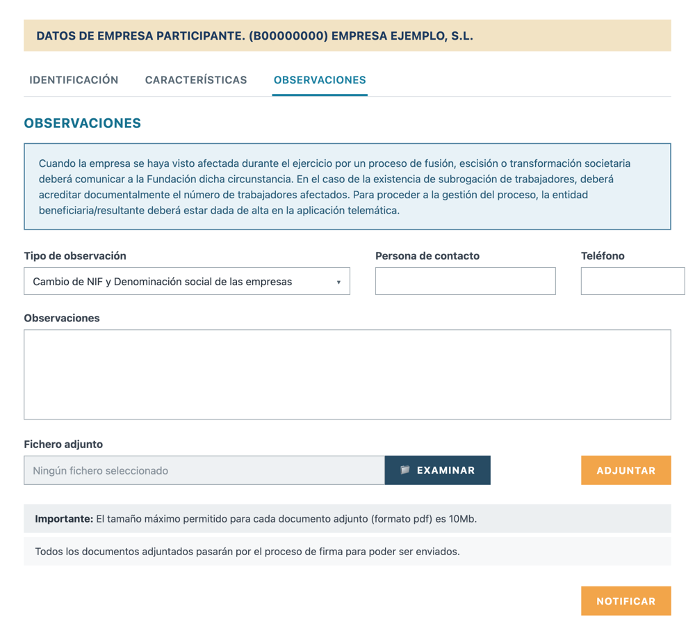 Reproducción de la pantalla Empresa › Observaciones de la aplicación de Fundae con el tipo de observación «Cambio de NIF y Denominación social de las empresas» seleccionado