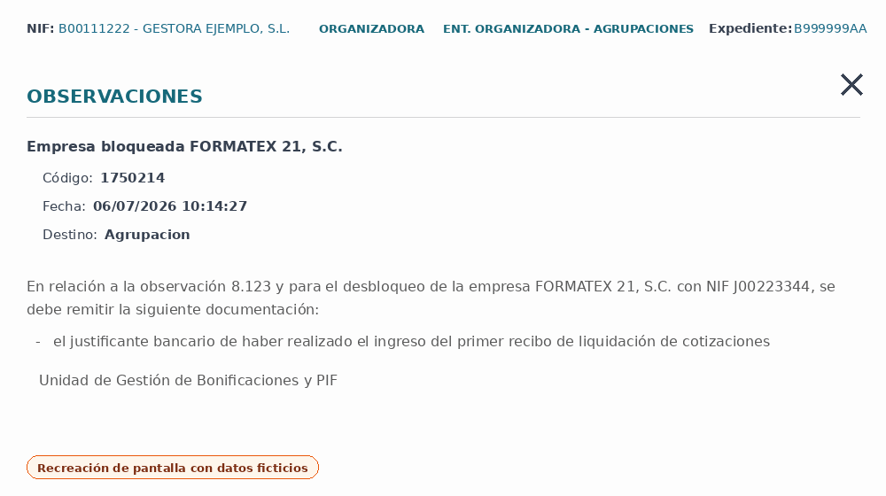 Recreación ficticia del detalle de una respuesta de Fundae a una observación de empresa en el apartado Comunicaciones