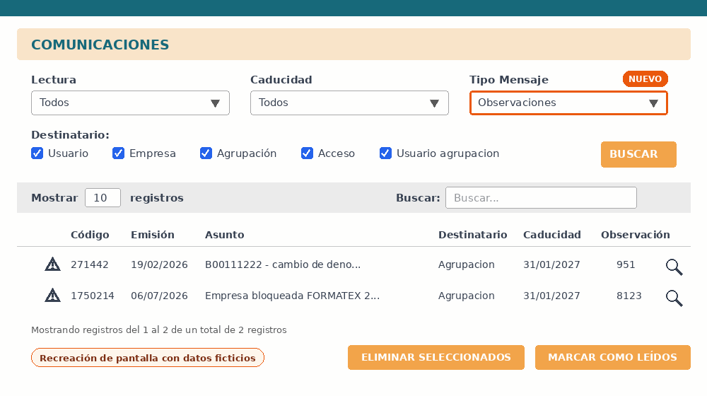 Recreación ficticia del listado de Comunicaciones de Fundae filtrado por el tipo de mensaje Observaciones