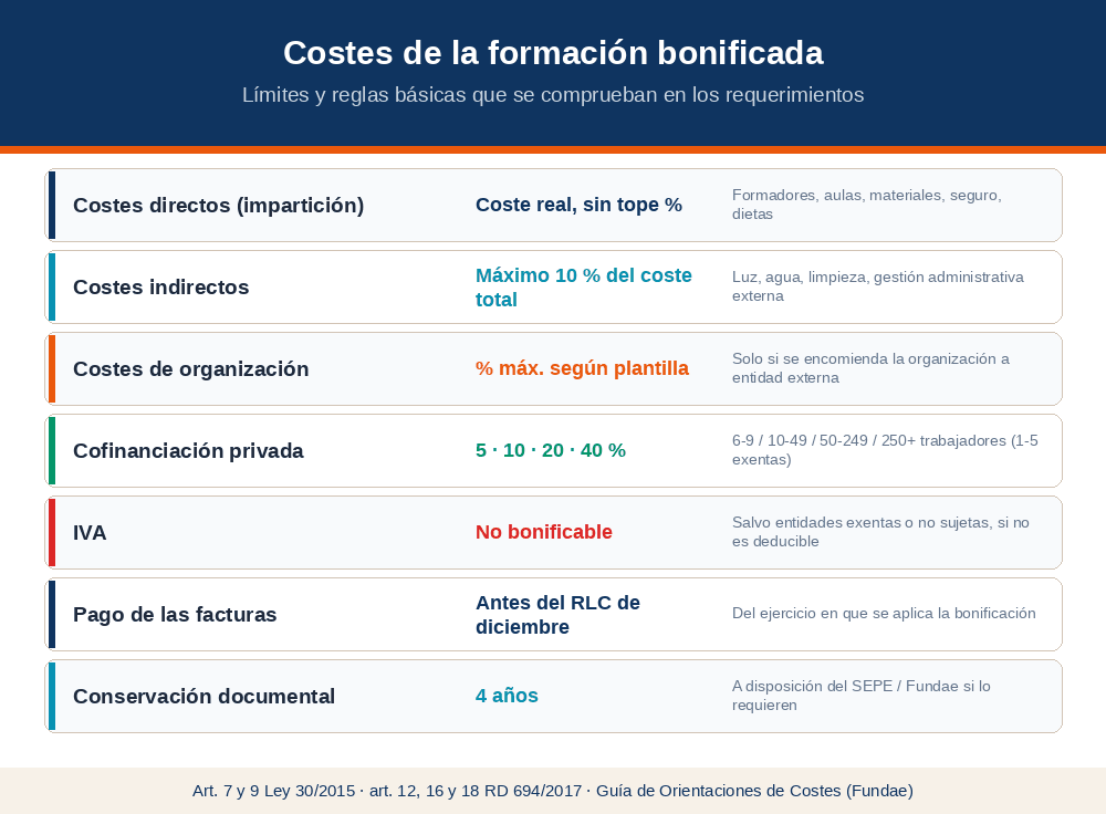 Límites y reglas básicas de los costes de la formación bonificada: costes directos sin tope porcentual, indirectos máximo 10 %, organización según plantilla, cofinanciación del 5, 10, 20 o 40 % según tamaño de empresa, IVA no bonificable, pago antes del RLC de diciembre y conservación durante 4 años