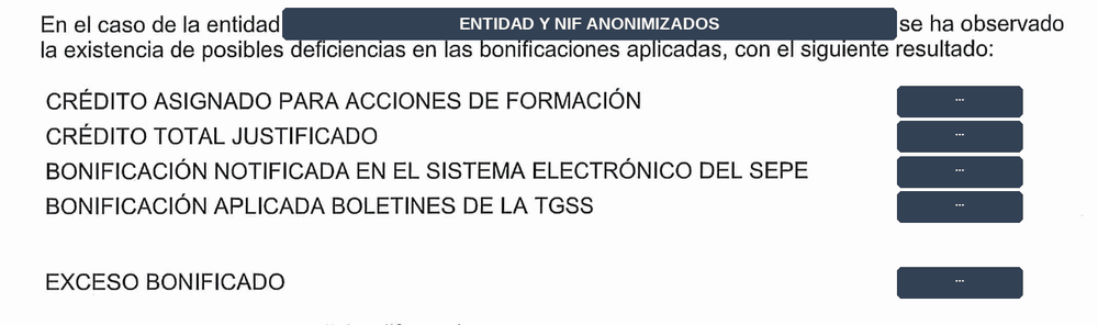 Tabla de importes de la notificación de FUNDAE: crédito asignado, crédito justificado, bonificación notificada, bonificación aplicada en TGSS y exceso bonificado