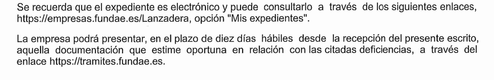 Párrafo de la notificación de FUNDAE que concede diez días hábiles para presentar documentación a través de tramites.fundae.es