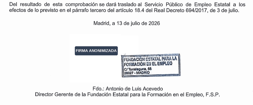 Fragmento final de la notificación: anuncio del traslado del resultado al SEPE y firma del Director Gerente de FUNDAE, con la rúbrica anonimizada