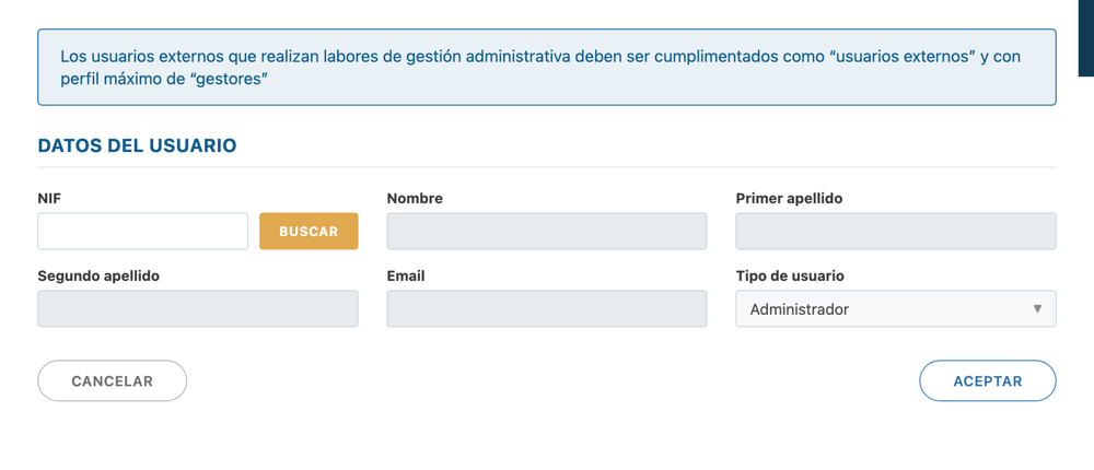 Reproducción del aviso del aplicativo de Fundae en el alta de usuario del perfil de entidad organizadora: usuarios externos con perfil máximo de gestor